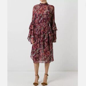 IRO Aamito Dress Burgundy Multi 40 EU/8 US Floral Boho Print Smocked Georgette